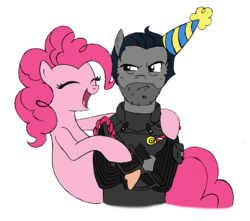 Size: 1746x1545 | Tagged: safe, artist:edcom02, artist:jmkplover, pinkie pie, earth pony, pony, g4, crossover, duo, female, frank castle, male, mare, marvel, marvel comics, party horn, ponified, punisher, simple background, stallion, transparent background