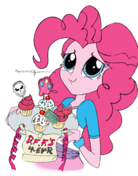 Size: 1590x2032 | Tagged: safe, artist:edcom02, artist:jmkplover, pinkie pie, human, equestria girls, g4, cupcake, cute, cute face, humanized, punisher, puppy dog eyes, ribbon, simple background, transparent background, tray