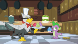 Size: 800x450 | Tagged: safe, screencap, gustave le grande, spike, dragon, griffon, g4, princess spike, amethyst, amethyst cupcake, animated, by order of the princess, cupcake, duo, emerald, emerald cupcake, eyeroll, facial hair, food, gem, kitchen, male, moustache, platter, ruby, ruby cupcake, sapphire, sapphire cupcake, toque