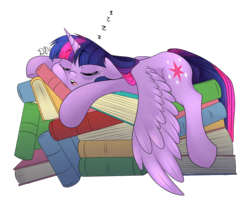 Size: 1280x1024 | Tagged: safe, artist:dragonfoxgirl, twilight sparkle, alicorn, pony, g4, princess spike, :o, book, book nest, cute, drool, eyes closed, female, floppy ears, mare, princess sleeping on books, prone, simple background, sleeping, solo, spread wings, that pony sure does love books, tired twilight, transparent background, twilight sparkle (alicorn), zzz