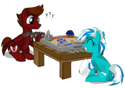 Size: 1412x1000 | Tagged: safe, artist:marytheechidna, oc, oc only, oc:frosty winds, oc:mach, cyborg, pegasus, pony, ask the console ponies, fallout equestria, fallout equestria: memories, fallout equestria: outlaw, commission, hearthstone, prosthetic limb, simple background, transparent background