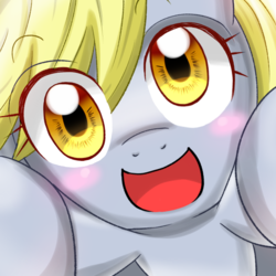 Size: 600x600 | Tagged: safe, artist:jurisalis, derpy hooves, pegasus, pony, g4, bust, cute, derpabetes, female, hug, looking at you, mare, open mouth, smiling, solo
