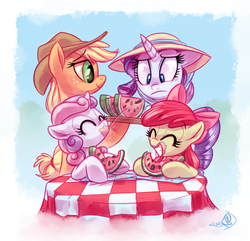 Size: 1450x1400 | Tagged: safe, artist:whitediamonds, apple bloom, applejack, rarity, sweetie belle, earth pony, pony, unicorn, rarijack daily, g4, apple sisters, applejack's hat, belle sisters, bow, cowboy hat, eating, eyes closed, female, filly, foal, food, freckles, frown, group, hair bow, hat, herbivore, lesbian, mare, quartet, ship:rarijack, shipping, siblings, sisters, smiling, sun hat, watermelon, watermelon seed