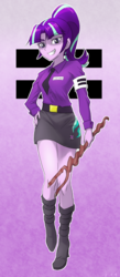 Size: 610x1400 | Tagged: safe, artist:ta-na, starlight glimmer, human, equestria girls, g4, the cutie map, armband, bedroom eyes, boots, clothes, cutie mark, equal cutie mark, equestria girls-ified, female, grin, hand on hip, high ponytail, looking at you, miniskirt, name tag, necktie, ponytail, purple, s5 starlight, shirt, skirt, smiling, solo, staff, staff of sameness, starlight himmler