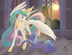 Size: 4325x3325 | Tagged: safe, artist:fullmoondagger, princess celestia, princess luna, friendship is magic, g4, castle of the royal pony sisters, looking up, s1 luna, scene interpretation, spread wings