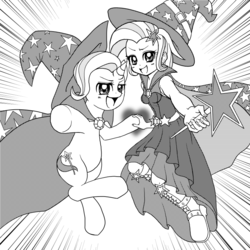 Size: 800x800 | Tagged: safe, artist:jurisalis, trixie, human, pony, unicorn, equestria girls, g4, armpits, cape, clothes, dress, duo, female, grayscale, hat, human ponidox, looking at you, mare, monochrome, open mouth, sleeveless, sleeveless dress, smiling, trixie's cape, trixie's hat