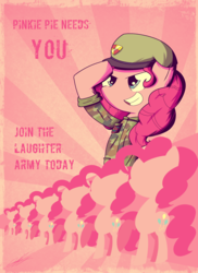 Size: 1606x2202 | Tagged: safe, artist:therandomjoyrider, pinkie pie, g4, beret, clone, female, laughter army, pinkie clone, poster, propaganda, solo