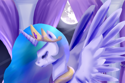 Size: 1800x1200 | Tagged: safe, artist:catsglade, princess celestia, alicorn, pony, g4, crying, eyes closed, female, mare in the moon, moon, solo, spread wings