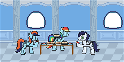 Size: 300x150 | Tagged: safe, artist:busterbuizel, rainbow dash, soarin', g4, father's day, female, male, offspring, parent:rainbow dash, parent:soarin', parents:soarindash, pie, pixel art, ship:soarindash, shipping, straight