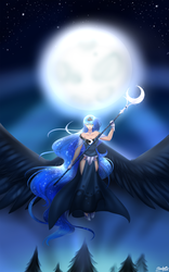Size: 1125x1800 | Tagged: safe, artist:freexee, princess luna, human, g4, clothes, dress, female, flying, humanized, moon, necklace, night, side slit, solo, spread wings, staff, winged humanization