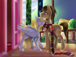 Size: 2500x1885 | Tagged: safe, artist:mayasnou, derpy hooves, doctor whooves, time turner, earth pony, pony, g4, slice of life (episode), clothes, fourth doctor's scarf, like a million bits, male, scarf, scene interpretation, ship:doctorderpy, shipping, stallion, straight, striped scarf