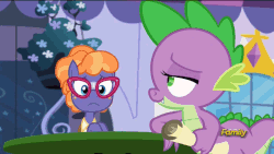 Size: 800x450 | Tagged: safe, screencap, frazzle rock, spike, g4, princess spike, animated, broken glasses, discovery family logo, eyelashes, glasses, nerd, nerd pony, shipping fuel, sweater vest