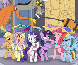 Size: 3848x3238 | Tagged: safe, artist:elephanteddie, applejack, discord, fluttershy, pinkie pie, rainbow dash, rarity, twilight sparkle, pony, g4, make new friends but keep discord, angry, assisted exposure, bipedal, blue underwear, blushing, bra, bra on pony, clothes, clothing theft, embarrassed, embarrassed underwear exposure, female, frilly underwear, grand galloping gala, green underwear, high res, humiliation, lewd, lingerie, mane six, mismatched underwear, naked rarity, panties, pink underwear, polka dot underwear, public humiliation, purple underwear, ribbon, sexual pranking, standing on two hooves, stripped by magic, thong, torn clothes, underwear, undressing, vacuum cleaner, white underwear