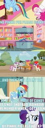 Size: 852x2396 | Tagged: safe, edit, edited screencap, screencap, pinkie pie, rainbow dash, rarity, scootaloo, sweetie belle, truffle shuffle, twist, family appreciation day, g4, maud pie (episode), read it and weep, the show stoppers, angst what angst?, blue text, candy, caption, hospital, implied vore, injured, meme, noodle incident, rarity is a marshmallow, zap apple jam
