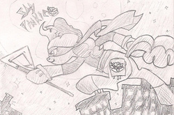 Size: 1224x809 | Tagged: safe, artist:nun2artzy, pinkie pie, g4, crossover, female, monochrome, pencil drawing, sly cooper, solo, traditional art, video game