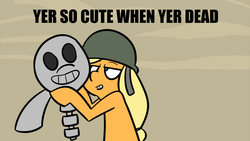 Size: 1920x1080 | Tagged: safe, artist:alex di stasi, applejack, friendship is witchcraft, how applejack won the war, g4, caption, dark comedy, dead, flirting, helmet, image macro, imminent necrophilia, meme, morbid, skeleton, smiling, soldierjack, the war, war, youtube link