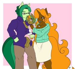 Size: 2443x2254 | Tagged: safe, artist:appelknekten, oc, oc only, oc:appel, oc:keepsake, oc:lily cureheart, earth pony, unicorn, anthro, appelskylar, clothes, daughter, family, father, female, filly, glasses, high res, jewelry, long mane, makeup, male, mare, mother, offspring, parent:oc:appel, parent:oc:sketchy skylar, parents:appelskylar, parents:oc x oc, stallion