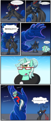 Size: 1920x4585 | Tagged: safe, artist:thex-plotion, lyra heartstrings, princess luna, pony, g4, bayonetta, bipedal, blushing, comic, crossover, glasses, hand, hug