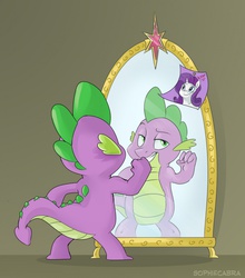 Size: 800x909 | Tagged: safe, artist:spainfischer, rarity, spike, g4, female, flexing, male, mirror, photo, solo