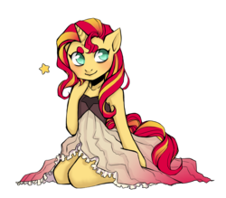 Size: 2703x2364 | Tagged: safe, artist:mscootaloo, sunset shimmer, unicorn, anthro, g4, bare shoulders, clothes, cute, dress, female, high res, kneeling, mare, no pupils, shimmerbetes, simple background, sitting, solo, stars, transparent background