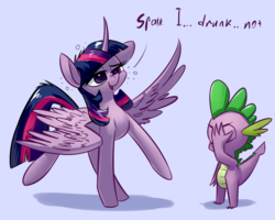 Size: 1280x1024 | Tagged: safe, artist:underpable, spike, twilight sparkle, alicorn, dragon, pony, g4, cute, drunk, drunk twilight, facepalm, go home you're drunk, spread wings, twilight sparkle (alicorn), underpable is trying to murder us