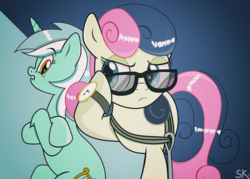 Size: 1262x902 | Tagged: safe, artist:dsana, bon bon, lyra heartstrings, sweetie drops, earth pony, pony, unicorn, g4, slice of life (episode), crossed arms, crying, duo, glasses, grappling hook, rope, secret agent sweetie drops, sunglasses, teary eyes, watch