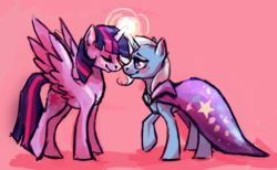 Size: 1280x787 | Tagged: safe, artist:tracymod, trixie, twilight sparkle, alicorn, pony, g4, female, horn, horns are touching, lesbian, mare, ship:twixie, shipping, twilight sparkle (alicorn)