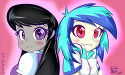 Size: 2500x1500 | Tagged: safe, artist:noisyvox, dj pon-3, octavia melody, vinyl scratch, human, equestria girls, g4, blushing, cute, duo, female, lesbian, ship:scratchtavia, shipping, tavibetes, vinylbetes