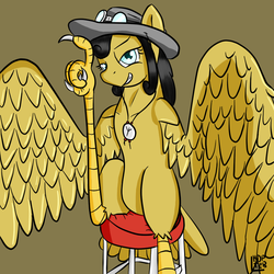 Size: 800x800 | Tagged: safe, artist:teb, oc, oc only, oc:cloepty, harpy, monster pony, original species, belly, cowboy hat, cowgirl, harpony, hat, large wings, sitting, solo, western, wings