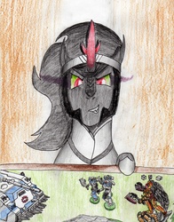 Size: 2397x3058 | Tagged: safe, artist:40kponyguy, derpibooru exclusive, king sombra, pony, unicorn, g4, angron, angry, autocannon, bolter, chainaxe, colored pencil drawing, dice, dual wield, figurine, gaming miniature, high res, looking at you, male, miniature, predator tank, primarch, solo, space marine, stallion, tank (vehicle), traditional art, warhammer (game), warhammer 30k, warhammer 40k, world eaters