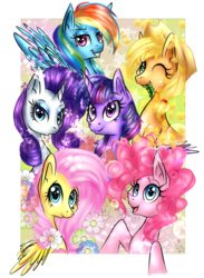 Size: 880x1200 | Tagged: safe, artist:karmamoonshadow, applejack, fluttershy, pinkie pie, rainbow dash, rarity, twilight sparkle, alicorn, pony, g4, female, mane six, mare, twilight sparkle (alicorn), wink