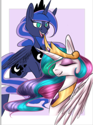 Size: 896x1196 | Tagged: safe, artist:karmamoonshadow, princess celestia, princess luna, g4, abstract background, bust, duo, no catchlights, no pupils, portrait, royal sisters, siblings, sisters