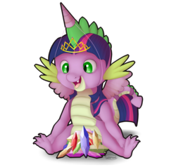 Size: 2100x2000 | Tagged: safe, artist:seleneat, spike, twilight sparkle, alicorn, pony, g4, princess spike, clothes, cosplay, costume, cute, female, gem, high res, horn, mare, solo, twilight sparkle (alicorn), wings
