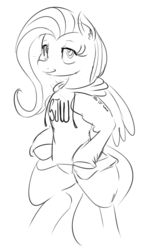 Size: 677x1188 | Tagged: safe, artist:zev, fluttershy, semi-anthro, g4, clothes, female, grayscale, hoodie, monochrome, solo