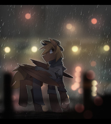 Size: 2400x2667 | Tagged: safe, artist:glacierponi, oc, oc only, oc:calamity, pegasus, pony, fallout equestria, clothes, dashite, fanfic, fanfic art, hat, high res, hooves, male, rain, solo, stallion, wings