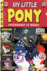 Size: 900x1366 | Tagged: safe, artist:tony fleecs, idw, pinkie pie, pipsqueak, princess luna, spike, twilight sparkle, zecora, zebra, g4, cover, nightmare night, parody, san diego comic con, tales from the crypt, title drop, watermark