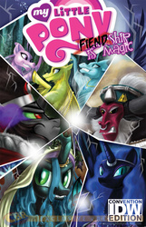 Size: 900x1400 | Tagged: safe, artist:amy mebberson, idw, adagio dazzle, aria blaze, king sombra, lord tirek, nightmare moon, queen chrysalis, sonata dusk, siren, g4, my little pony: fiendship is magic, compilation, cover, fine art parody, san diego comic con