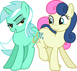 Size: 6862x6310 | Tagged: safe, artist:xhalesx, bon bon, lyra heartstrings, sweetie drops, earth pony, pony, unicorn, g4, slice of life (episode), absurd resolution, bedroom eyes, best friends, butt bump, butt to butt, butt touch, female, just friends, lesbian, looking at each other, mare, ship:lyrabon, shipping, simple background, smiling, transparent background, vector