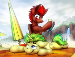 Size: 2327x1774 | Tagged: safe, artist:ralek, oc, oc only, oc:golden heart, oc:storm flare, earth pony, griffon, pegasus, pony, unicorn, advertisement, beach, beach towel, beach umbrella, bedroom eyes, cliff, couple, duo, duo male, gay, lotion, male, mountain, relaxed face, smirk, summer, sunscreen, suntan, tanning, waterfall, ych result