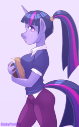 Size: 1547x2456 | Tagged: safe, artist:kinkypinkink, twilight sparkle, anthro, g4, alternate hairstyle, book, female, solo