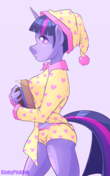 Size: 1547x2456 | Tagged: safe, artist:kinkypinkink, twilight sparkle, anthro, g4, book, clothes, female, hat, nightcap, pajamas, solo