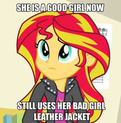 Size: 795x810 | Tagged: safe, screencap, sunset shimmer, equestria girls, g4, my little pony equestria girls: rainbow rocks, best human, clothes, female, image macro, jacket, leather jacket, meme, solo, this makes no sense, wat