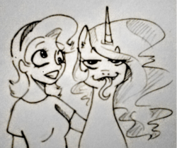 Size: 1126x939 | Tagged: artist needed, safe, princess celestia, oc, human, g4, 4chan, baman piderman, bedroom eyes, derp, grin, long tongue, looking at you, monochrome, silly, smiling, smirk, sweet bro and hella jeff, tongue out