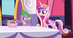 Size: 1920x1015 | Tagged: safe, screencap, princess cadance, spike, alicorn, dragon, pony, g4, princess spike, cadance is not amused, duo, unamused