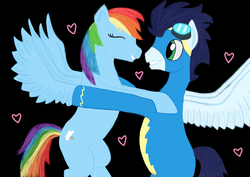 Size: 1024x724 | Tagged: safe, artist:fia94, rainbow dash, soarin', g4, female, male, ship:soarindash, shipping, straight, wonderbolts uniform