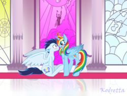 Size: 1024x768 | Tagged: safe, artist:kodretta, rainbow dash, soarin', alicorn, pony, g4, blushing, female, male, race swap, rainbowcorn, ship:soarindash, shipping, spread wings, straight