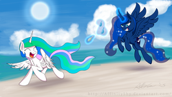 Size: 1920x1080 | Tagged: safe, artist:affinityshy, princess celestia, princess luna, g4, beach, derp, water balloon