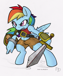 Size: 832x1000 | Tagged: safe, artist:bleff172, artist:dfectivedvice, rainbow dash, anthro, g4, clothes, female, hoof fingers, midriff, shield, solo, sword