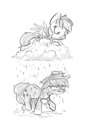 Size: 462x650 | Tagged: safe, artist:nobody, applejack, rainbow dash, g4, angry, applejack is not amused, cloud, monochrome, rain, rainbow douche, sketch, smiling, wet