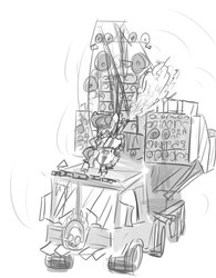 Size: 679x872 | Tagged: safe, artist:nobody, octavia melody, g4, cello, coma-doof warrior, concert, doof wagon, female, fireworks, mad max, mad max fury road, metal as fuck, monochrome, musical instrument, sketch, skull, solo, speaker, stage, truck
